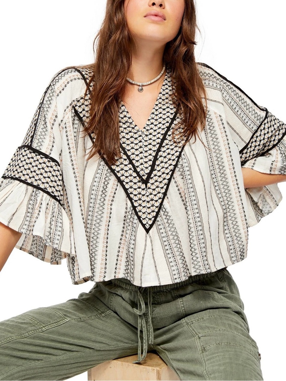 $128 Free People Runnin On A Dream Top Black White Ivory Embroidered Crop Top S